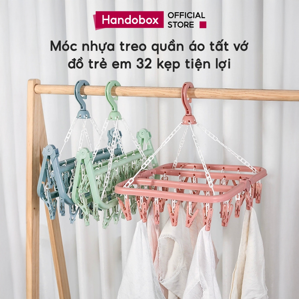 Móc Treo Quần Áo Nhựa Xoay 360 Độ Gấp Gọn Handobox Móc Chùm 32 Kẹp Treo Đồ Lót Khăn Áo Bé Tiện Lợi