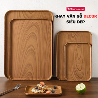 Khay nhựa giả vân gỗ hình chữ nhật bo tròn, khay úp cốc vân gỗ trang trí, decor quán cafe