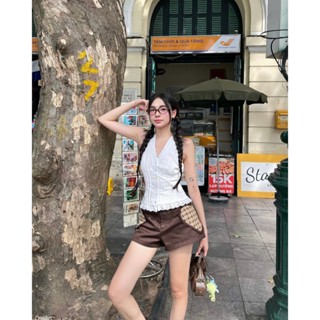 (SẴN) Áo Kiểu Nữ EFFIA Form Sát Nách Phối Viền Ren Nút Màu Pastel Ngọt Ngào SECODEE