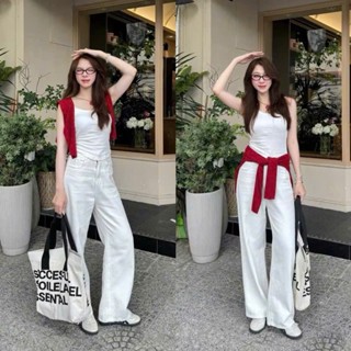  Quần Jean Nữ Cạp Cao Ống Suông Rộng Trơn 3 Màu Trắng Đen Be Form Hack Dáng Dài 100cm Labibi 