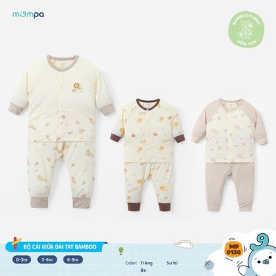 Đồ bộ cho bé sơ sinh Mompa dài tay 0-9 tháng vải Sợi tre Bamboo mềm mịn co giãn cúc giữa 0130