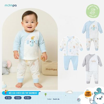 Đồ bộ cho bé sơ sinh Mompa dài tay 0-9 tháng vải Sợi tre Bamboo mềm mịn co giãn cúc chéo 0131