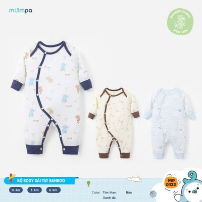 Bodysuit cho bé sơ sinh Mompa dài tay 0-9 tháng vải Sợi tre Bamboo mềm mịn cúc chéo 0133