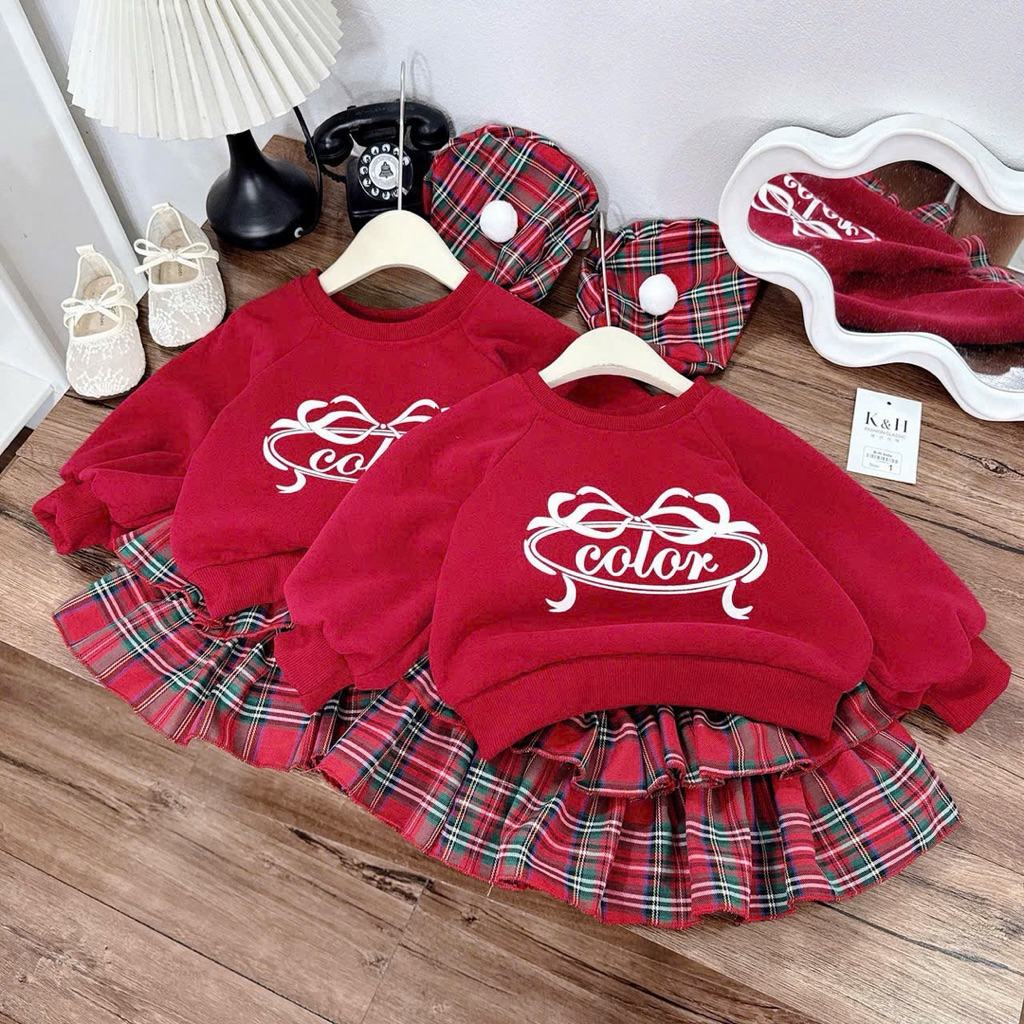 SÉT BỘ ÁO NỈ ĐỎ CV KẺ CARO CHO BÉ GÁI
