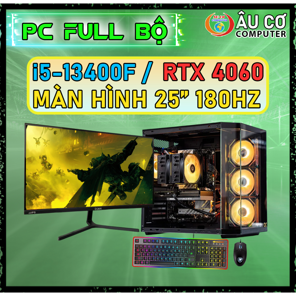 Bộ PC Gaming Màn hình 180hz / i5 13400f / RTX 4060 8G / Ram 16Gb / SSD 512Gb, Case Gaming, Cây Gamin