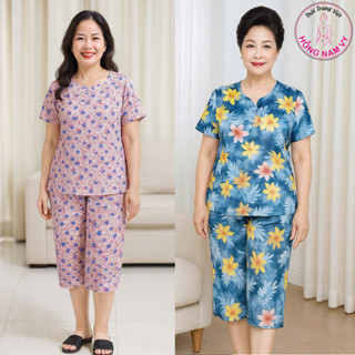  Đồ bộ trung niên HỒNG NAM VY lửng tay ngắn chất LỤA mịn mát cổ V sang trọng 