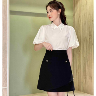 BEAUTEBYV - Chân váy nữ dáng A vạt chéo đính đá cơi túi giả Lux