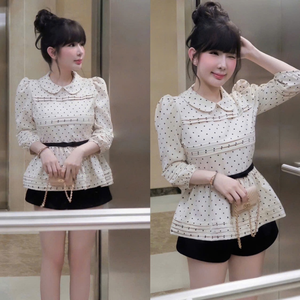 Set Áo Cổ Sen Chấm Bi Tay Lửng Thắt Đai Đen Điểm Nhấn Xếp Ly Mix Quần Nhung Đen Dáng Ngắn Cực Xinh- 