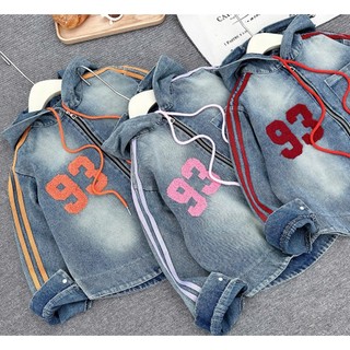  Áo Jean Nữ Bé Gái Phối Sọc Tay Khóa Kéo Có Mũ Thời Trang - Áo Khoác Denim Thu Đông Cho Trẻ Em 14-34kg 
