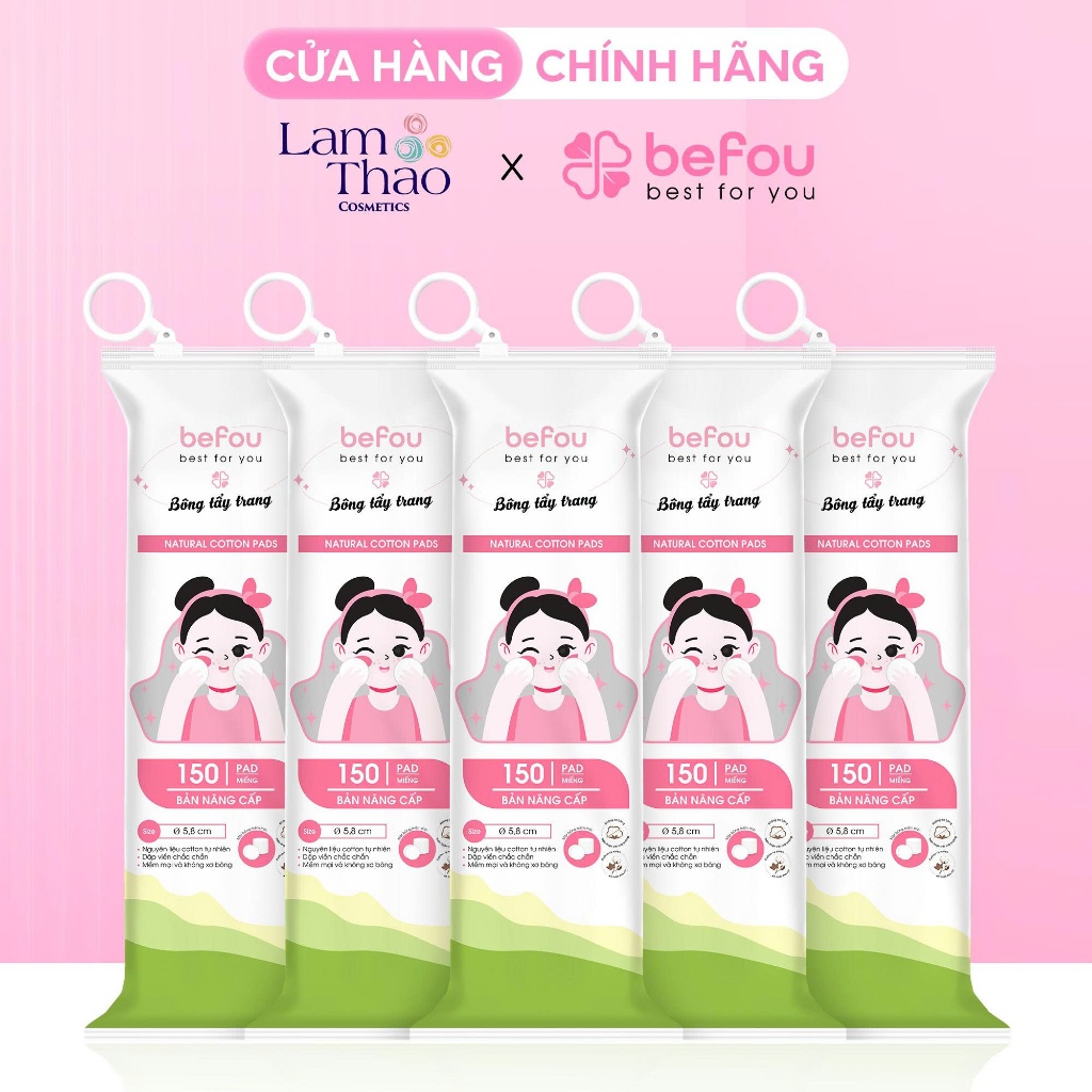 Combo 5 Bịch Bông Tẩy Trang Befou 150 Miếng - Phiên Bản Mới
