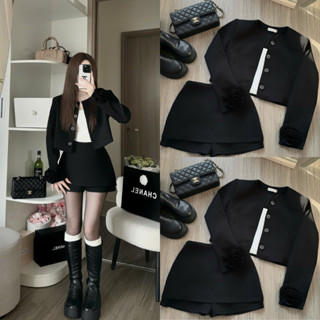  DAY CHIC - Set áo khoác ngắn tay hoa hồng mix chân váy đen sang chảnh 