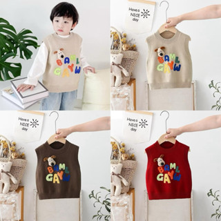 Áo gile len cổ tròn chui đầu hàng QC phong cách hàn quốc dệt mịn hình chó bông phối chữ bé trai / bé gái (Sz 9-19kg)