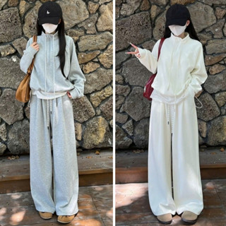 Set bộ nỉ nữ trơn 2 da L1 cao cấp form rộng, áo sweater cổ cao khóa kéo dáng croptop kèm quần ống suông basic Hàn Quốc