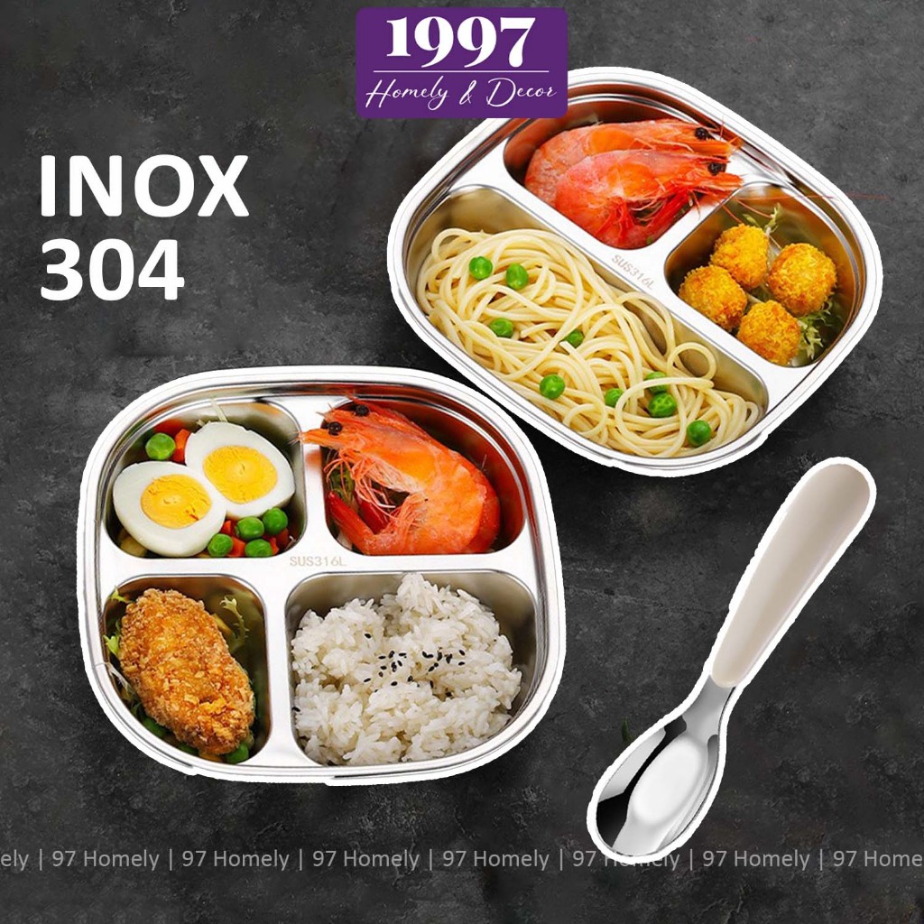 Khay Ăn Dặm 3, 4 Ngăn Inox 304 Tặng Kèm Thìa Cao Cấp 97Homely Nhiều Ngăn Nhiều Kiểu Dáng DT250901701