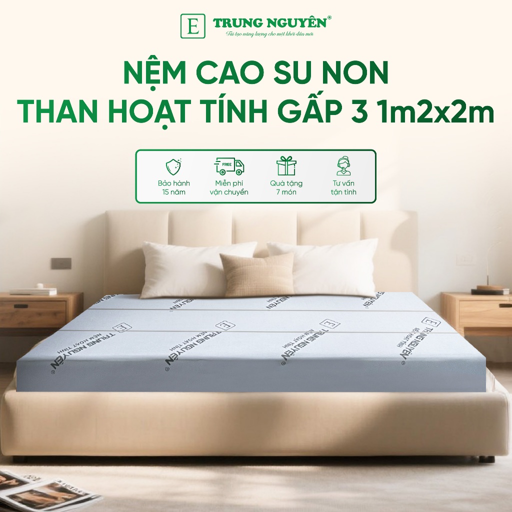 Nệm cao su non than hoạt tính 1m2 x 2m gấp 3 Trung Nguyên kích thước chính hãng, nệm nằm ngủ êm ái k