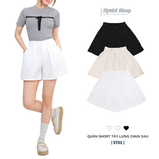 Quần đùi short ống rộng nữ cạp chun sau lưng cao xếp ly (có bigsize) nhiều màu đen kem trắng - Quần ngố tây KYUBI ST01