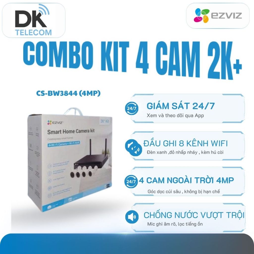 Trọn bộ Kit CS-BW3844 (4MP) Wifi 4 Camera EZVIZ H3C 2K+ và 1 đầu ghi CS-X5S-8W