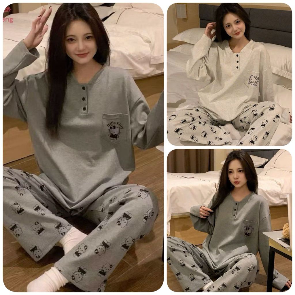  Set bộ đồ nỉ phối cúc in hình Kitty 2 màu nữ. Bộ đồ áo dài tay quần ống suông form rộng dễ thương 