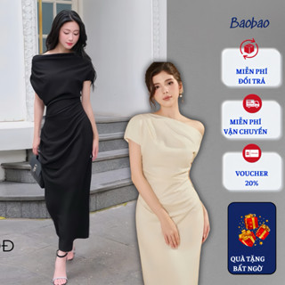 Đầm body lệch vai dáng dài màu kem, váy dự tiệc sang chảnh quyến rũ Baobaostore_B195