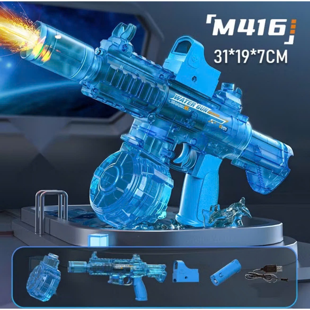 Đồ Chơi Phun nước M416 trong suốt tự động có đèn hot trend 2025,  áp lực cao hiệu ứng tuyệt vời