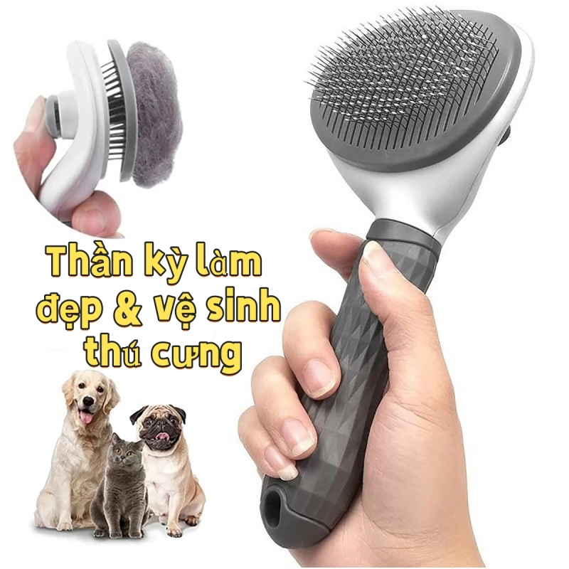 Lược chải lông hình bầu dục cho chó và mèo có nút bấm để loại bỏ lông và vệ sinh dụng cụ