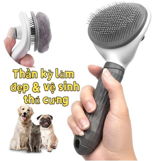 Lược chải lông hình bầu dục cho chó và mèo có nút bấm để loại bỏ lông và vệ sinh dụng cụ