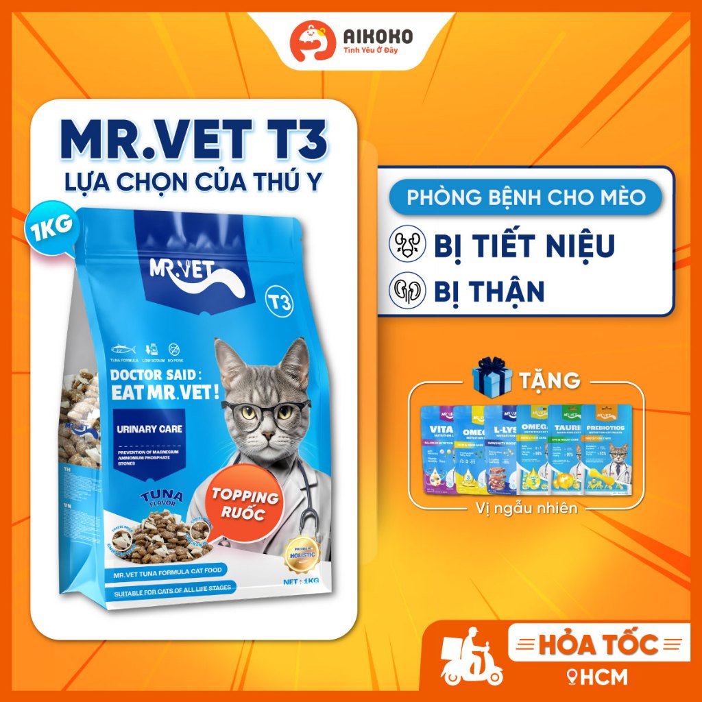 Gói Hạt 1kg Mr.Vet T3 cho Mèo ở Mọi Lứa Tuổi - Có Topping Thịt Sấy, Không Độn Đạm Giả