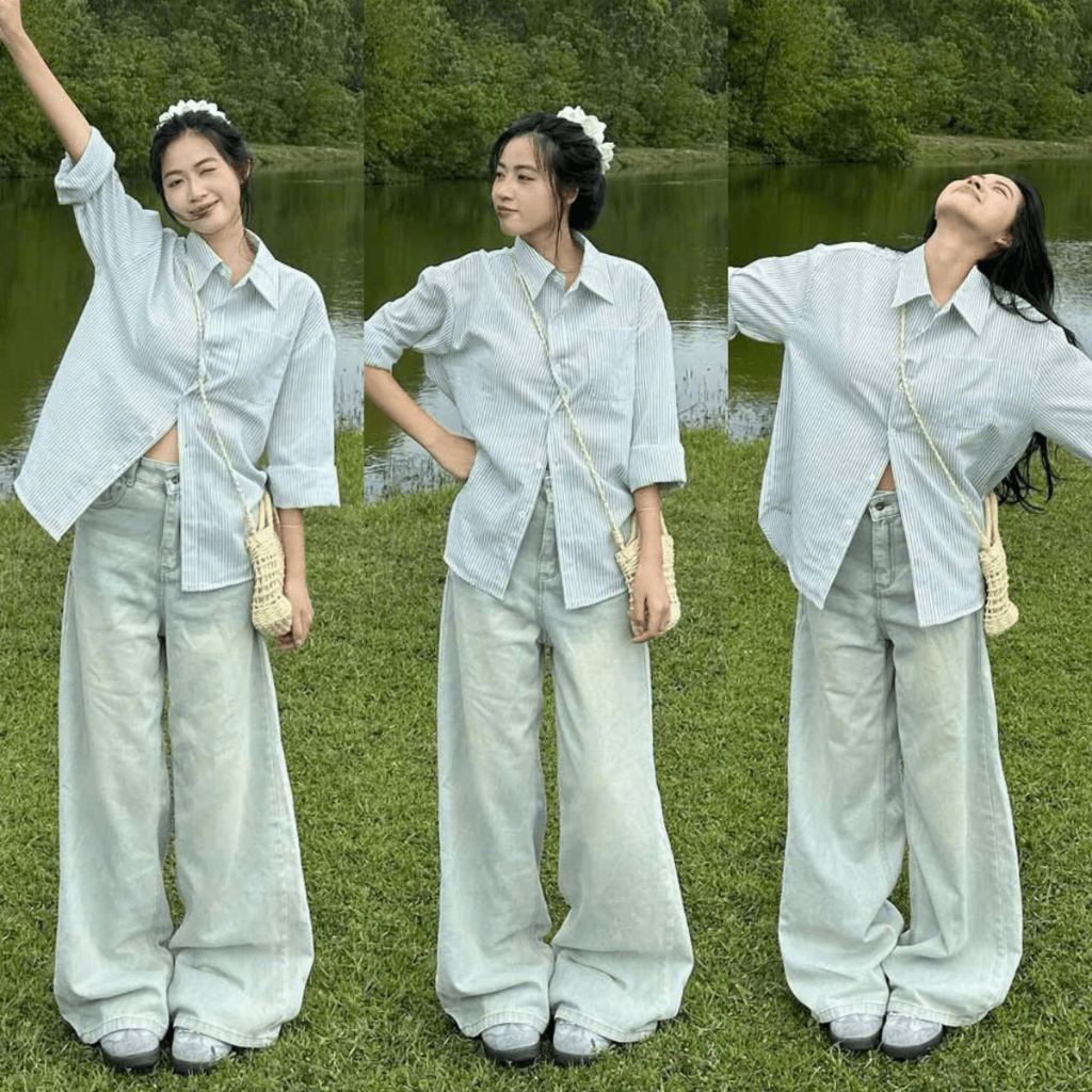 Quần Jean Xanh Trắng Nữ Suông Ống Rộng 33CM Lưng Cao Chất Jean Denim BIGSIZE Ôm Eo Tôn Dáng BEU