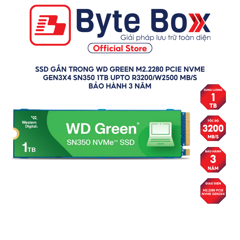 SSD gắn trong WD Green M2.2280 PCIe NVMe Gen 3 x 4 SN350 500GB / 1TB upto 32000mb/s - Bảo hành 3 năm