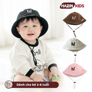 Mũ bucket cho bé Hazin Kids thêu họa tiết chữ Hi đáng yêu, mũ cụp trẻ em có dây quai cho bé từ 2-5 tuổi