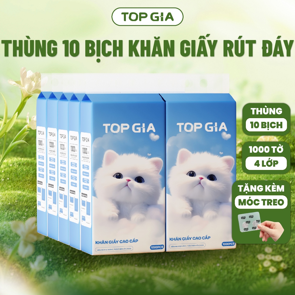 Khăn Giấy Rút Treo Tường Top Gia Thùng 10 Bịch GiaGia 1000 Tờ/4 Lớp, Bột Giấy Từ Thiên Nhiên An Toàn Cho Sức Khỏe