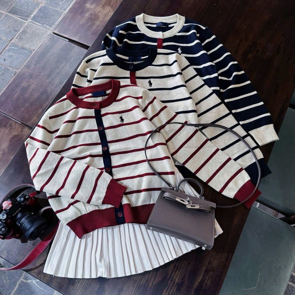 ÁO LEN CARDIGAN DÀI TAY KẺ NGANG THÊU NGỰA CỔ TRÒN PHỐI VIỀN SIÊU XINH - DÀNH CHO NỮ | BigBuy360 - bigbuy360.vn