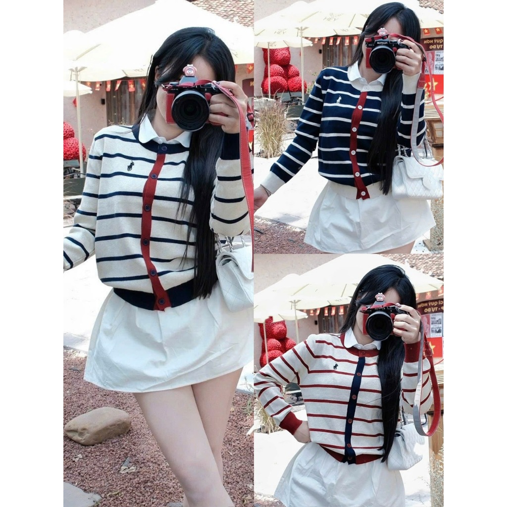ÁO LEN CARDIGAN DÀI TAY KẺ NGANG THÊU NGỰA CỔ TRÒN PHỐI VIỀN SIÊU XINH - DÀNH CHO NỮ