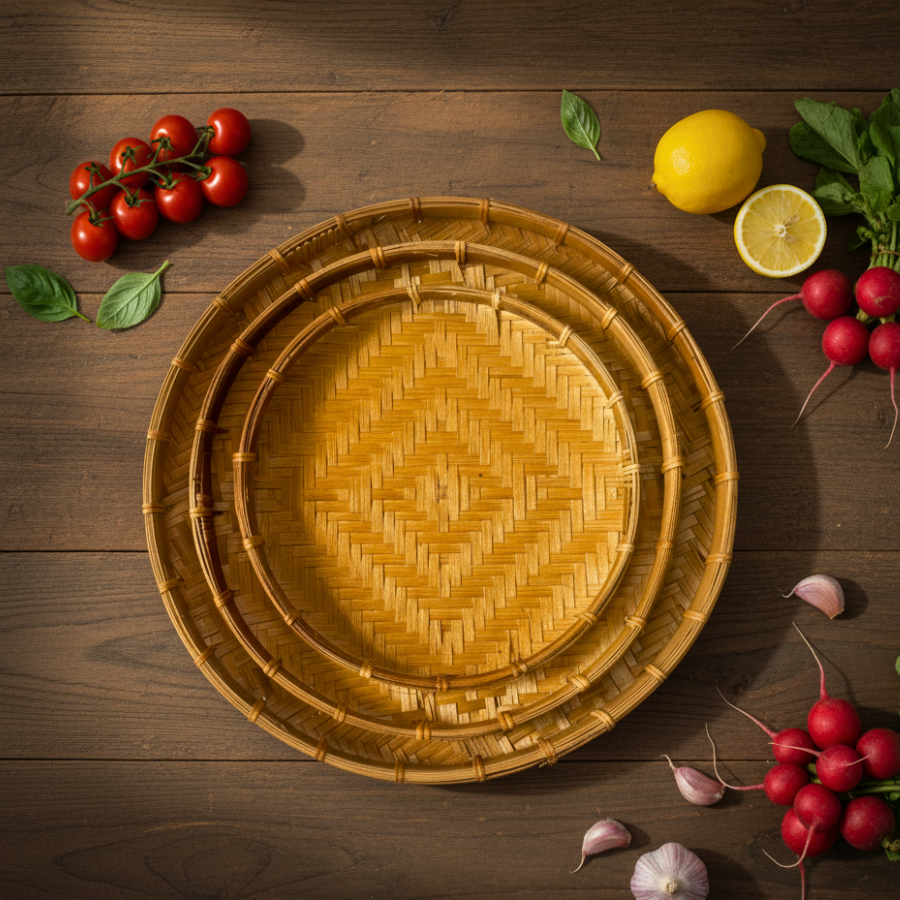Set 3 mẹt tre viền mây khay đựng rau hoa quả mẹt đồ ăn mẹt trang trí trung thu tết nguyên đán
