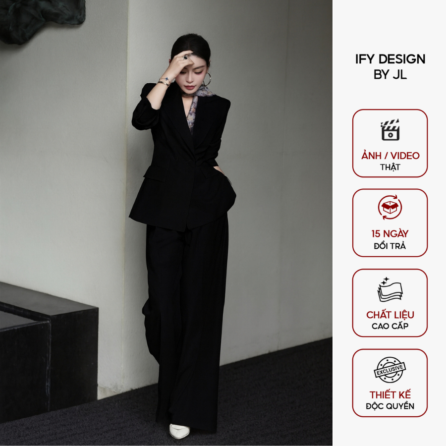 Set vest cao cấp IFY Design thiết kế Áo vest đen phối quần ống đứng tôn dáng - SL0472