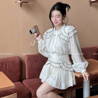 set áo chân váy,set đồ nữ sang chảnh,bộ tơ nhấn viền áo dài tay chân váy xòe xịn sò hot trend XD1