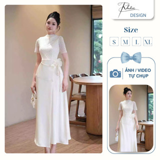 Đầm thiết kế KHÂU Design ren ô trám phối lụa tay ngắn thanh lịch sang chảnh