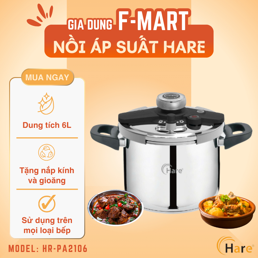 Nồi Áp Suất Inox Hare HR-PA2106 Dung Tích 6L Đáy Từ 5 Lớp Van An Toàn 3 Cấp Độ Tiện Lợi Nấu Nhanh Dùng Cho Mọi Loại Bếp