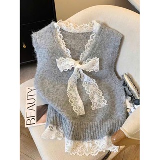   HOT  Áo Len Gile Nữ Màu Xám Phối Ren Nơ Cổ V Gợi Cảm Dáng Rộng Vintage 