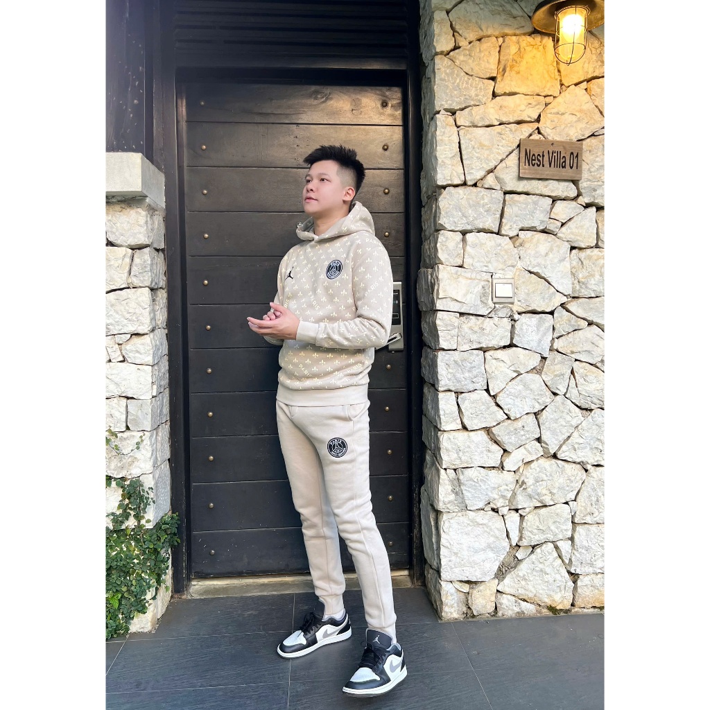 Quần áo nam mùa thu đông PSG chất nỉ có mũ màu ,đen xám họa tiết, đồ thể thao nam thoáng khí siêu nh