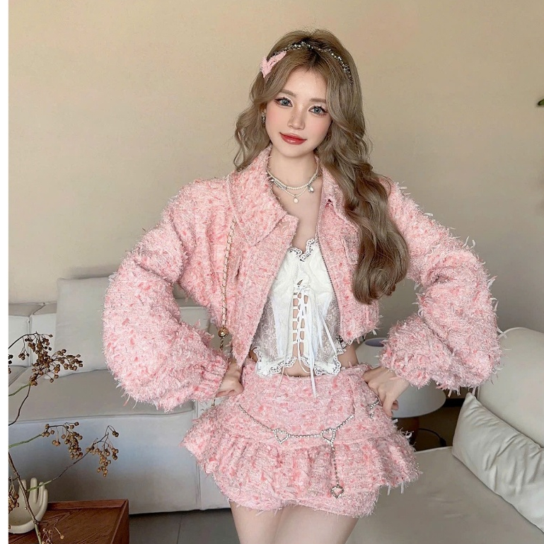 Set dạ 2 chi tiết áo dạ dáng lửng tay dài mix chân váy kèm quần chất liệu dạ tweed cao cấp CHINCHIN 