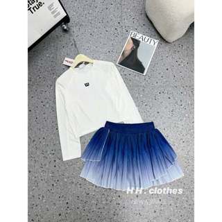  Sét thể thao áo gân dài tay kèm chân váy xanh loang vạt dáng ngắn 