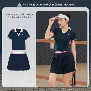 Bộ đồ Pickleball, cầu lông, tennis nữ Fitme ES áo polo tôn dáng, chân váy xếp ly Navy Trắng năng động có quần bảo hộ