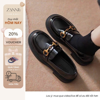  Giày Lười Loafer Nữ Da Bề Mặt Bóng Mũi Tròn Cổ Điển Gắn Khóa Kim Loại Nơ Đế Cao 3cm Thanh Lịch 