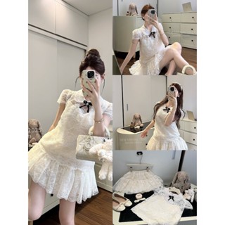  LYNCHIC- SET ÁO REN MỀM CỘC TAY TRẮNG ĐÍNH NƠ NHỈ MIX CHÂN VÁY XẾP LY DÁNG NGẮN LANNIE 