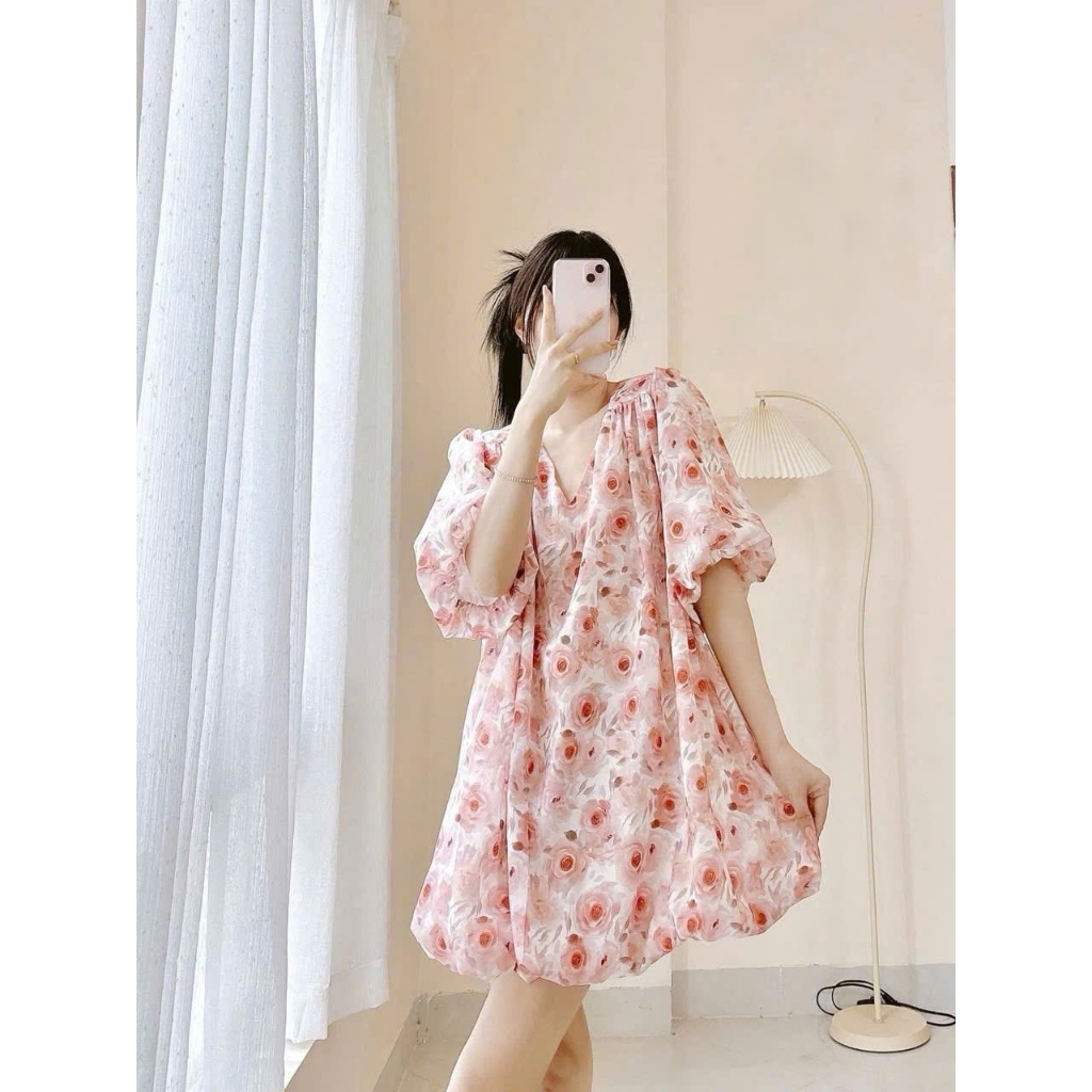 Đầm lụa mango thời trang nữ, cổ chữ V, tay lửng, hoạ tiết nhẹ nhàng, dễ thương, dáng đầm bí ngắn xin