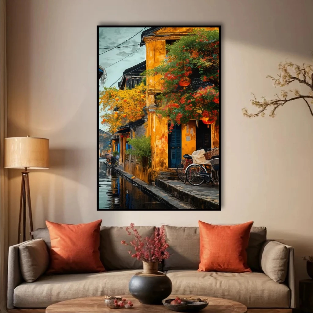 Một bức tranh sơn dầu theo chủ đề Hà Nội Việt Nam có thể được sử dụng cho Homestay Khách sạn Phòng k