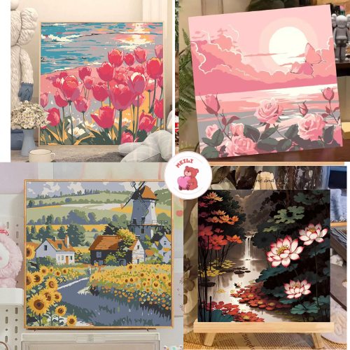Tranh Số Hoá Phong Cảnh Hoạt Hình Tranh Tô Màu 20x20cm dễ thương đầy đủ cọ, màu, căng khung sẵn MEILI STORE