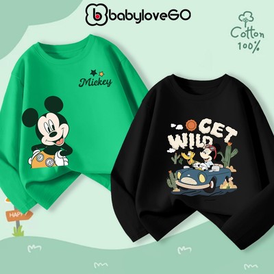 Áo thu đông dài tay bé trai BabyloveGO BST DISNEY 2026 áo thun cổ bo tròn chất cotton mềm mại cho bé 1-10 tuổi