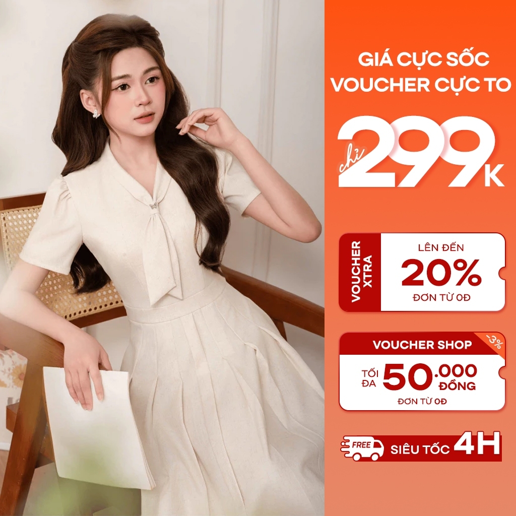 Váy Kem Dáng Dài Tiểu Thư, Váy Đầm Trắng Kem Đi Chơi, Váy Tốt Nghiệp, Váy Thiết Kế Công Sở V03E